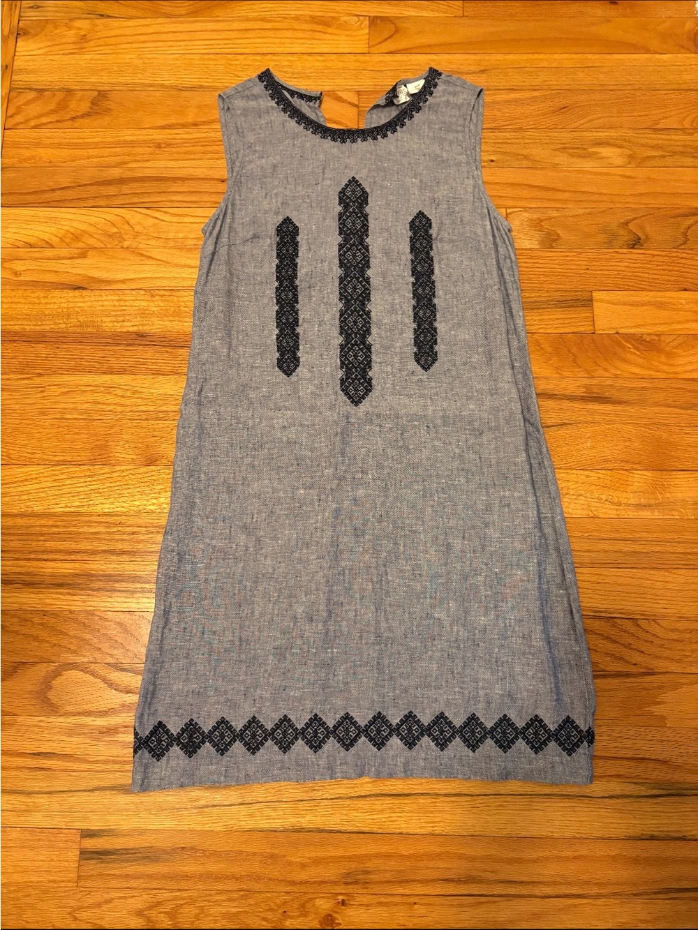 Sleeveless Chambray Shift Dress with Navy Embroidery